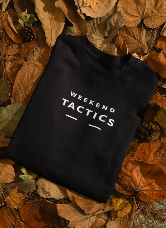 Black Weekend Tactics crew neck sweatshirt on autumn leaves