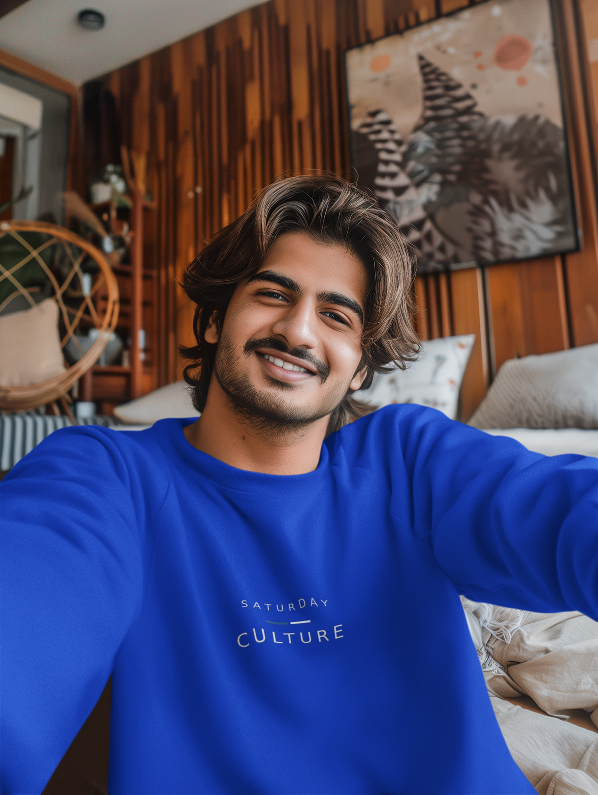 Man taking a selfie in the royal blue Saturday Culture embroidered sweatshirt