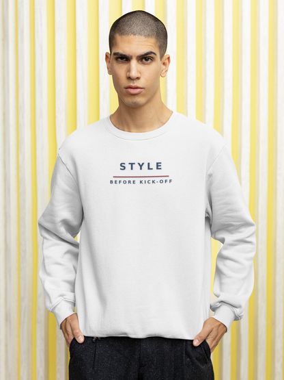 Man wearing the white Style Before Kick-Off football casuals sweatshirt against a striped wall