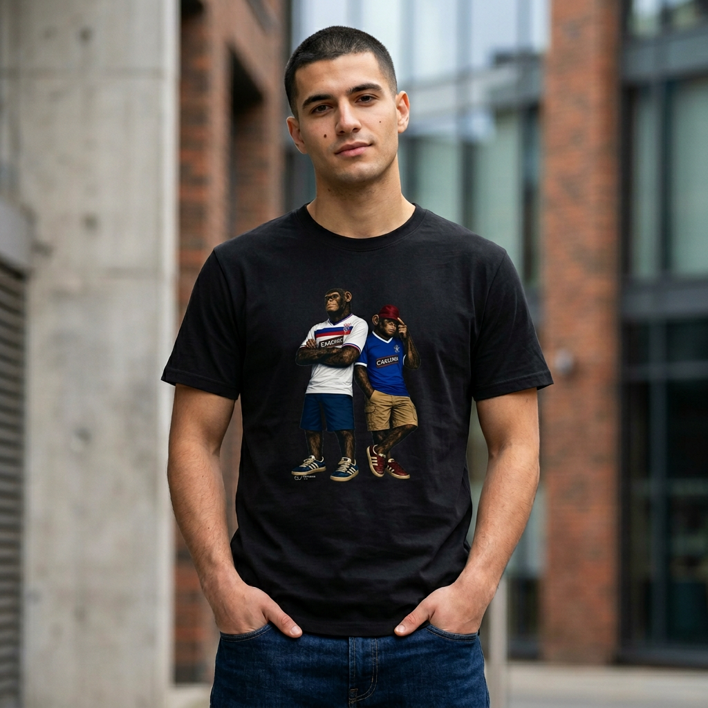 Man wearing a Rangers fans T-shirt - On The Terrace
