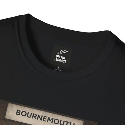 Bournemouth casuals graphic t-shirt, three chimps in red and black scarves on a bench, On The Terrace