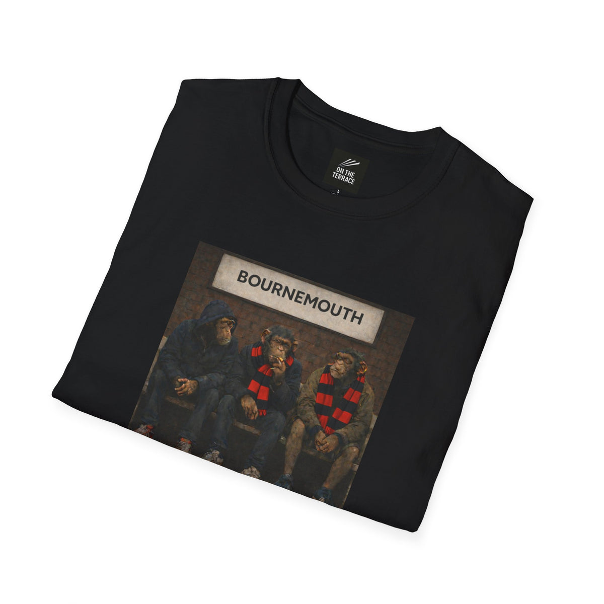 Bournemouth casuals graphic t-shirt, three chimps in red and black scarves on a bench, On The Terrace