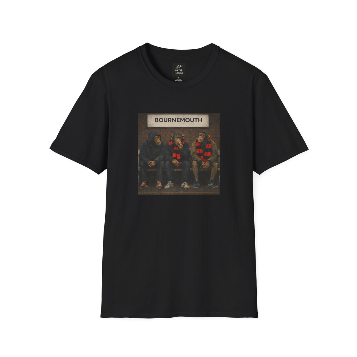 Bournemouth casuals graphic t-shirt, three chimps in red and black scarves on a bench, On The Terrace