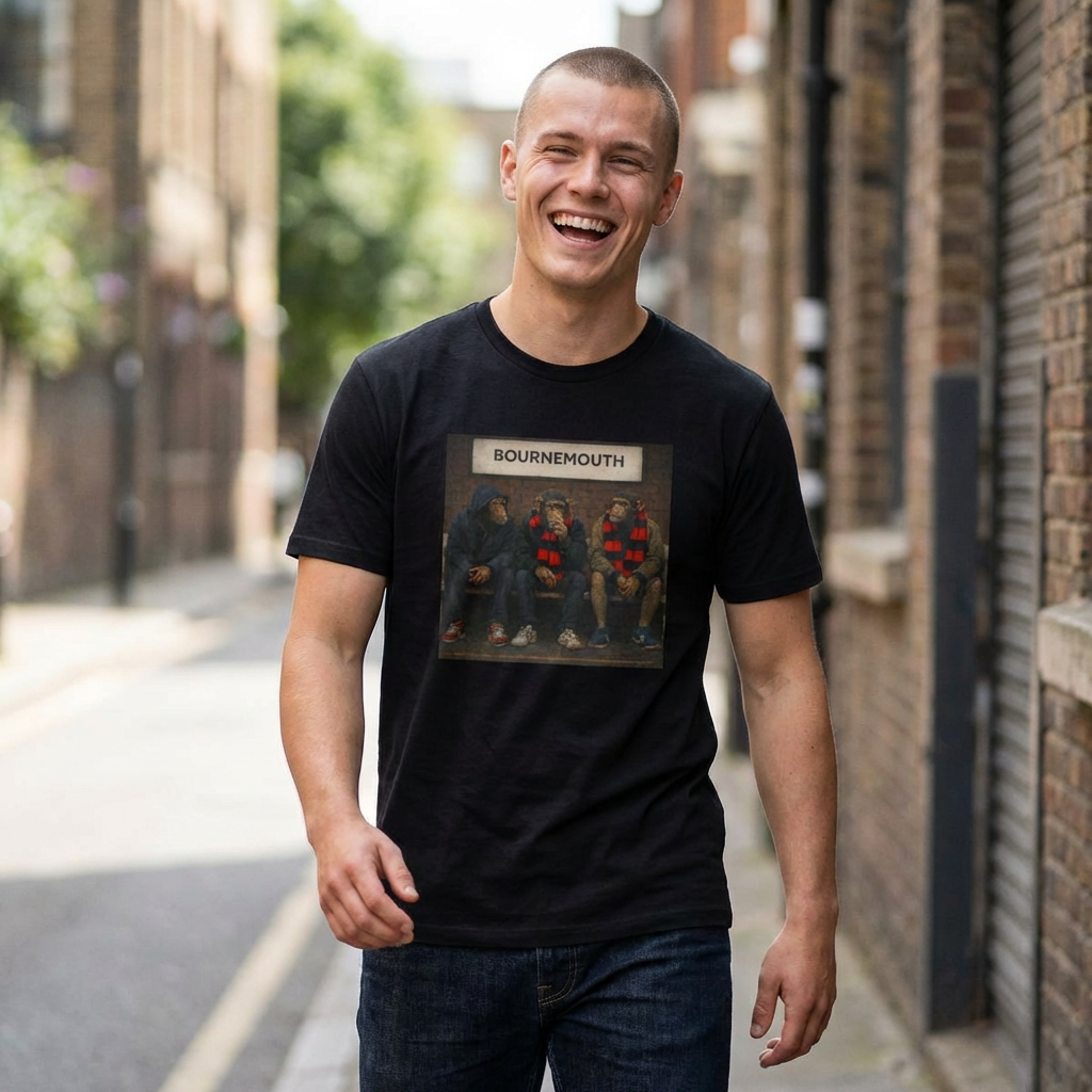 Man in a Bournemouth casuals graphic t-shirt, three chimps in red and black scarves on a bench, On The Terrace