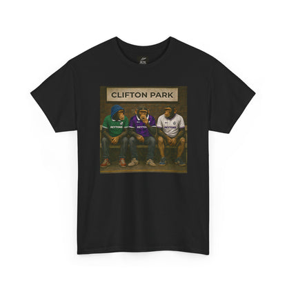 Black Reytons t-shirt with vintage-style Dikens cider graphic on a white background