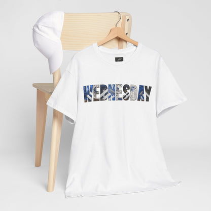 White SWFC WEDNESDAY tee on a wooden hanger against a light background
