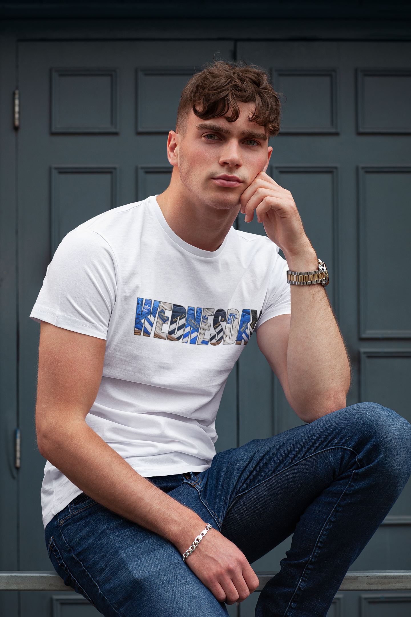 Man in the white Sheffield Wednesday tee with blue and black trainer print
