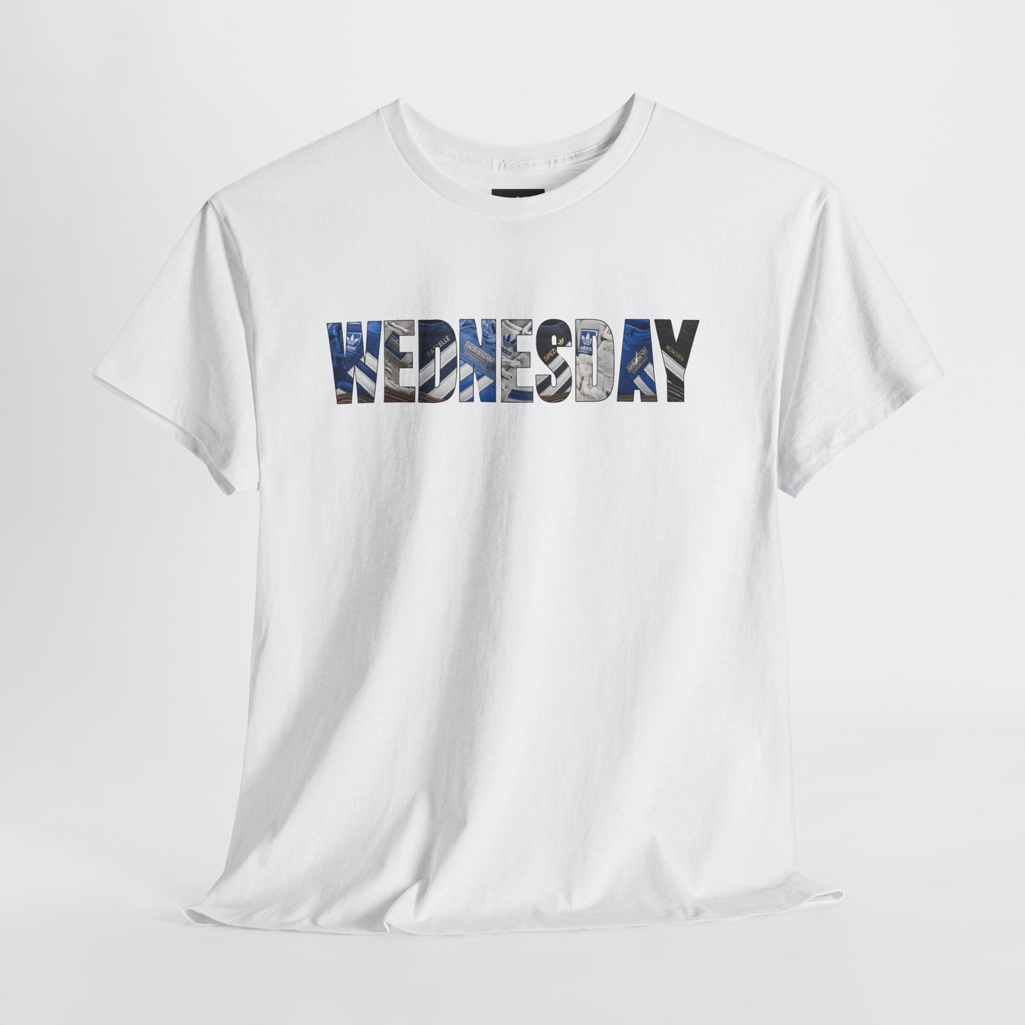 White Sheff Weds t-shirt with WEDNESDAY across the chest in blue and black trainers