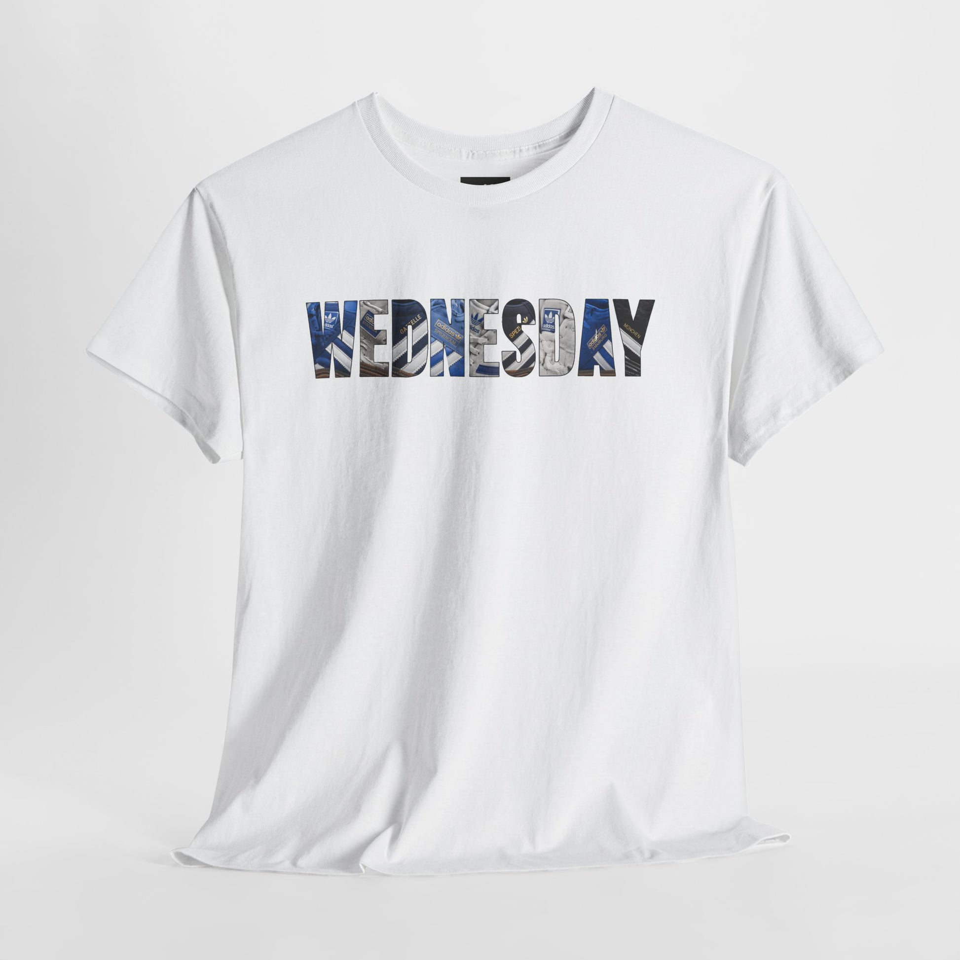 White Sheff Weds t-shirt with WEDNESDAY across the chest in blue and black trainers