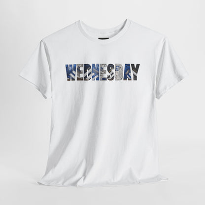 White Sheff Weds t-shirt with WEDNESDAY across the chest in blue and black trainers