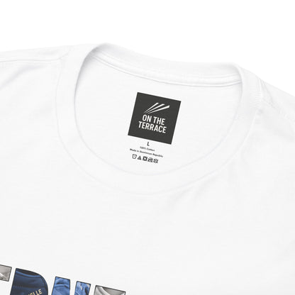 Close-up of the On The Terrace neck label inside the white Sheffield Wednesday tee