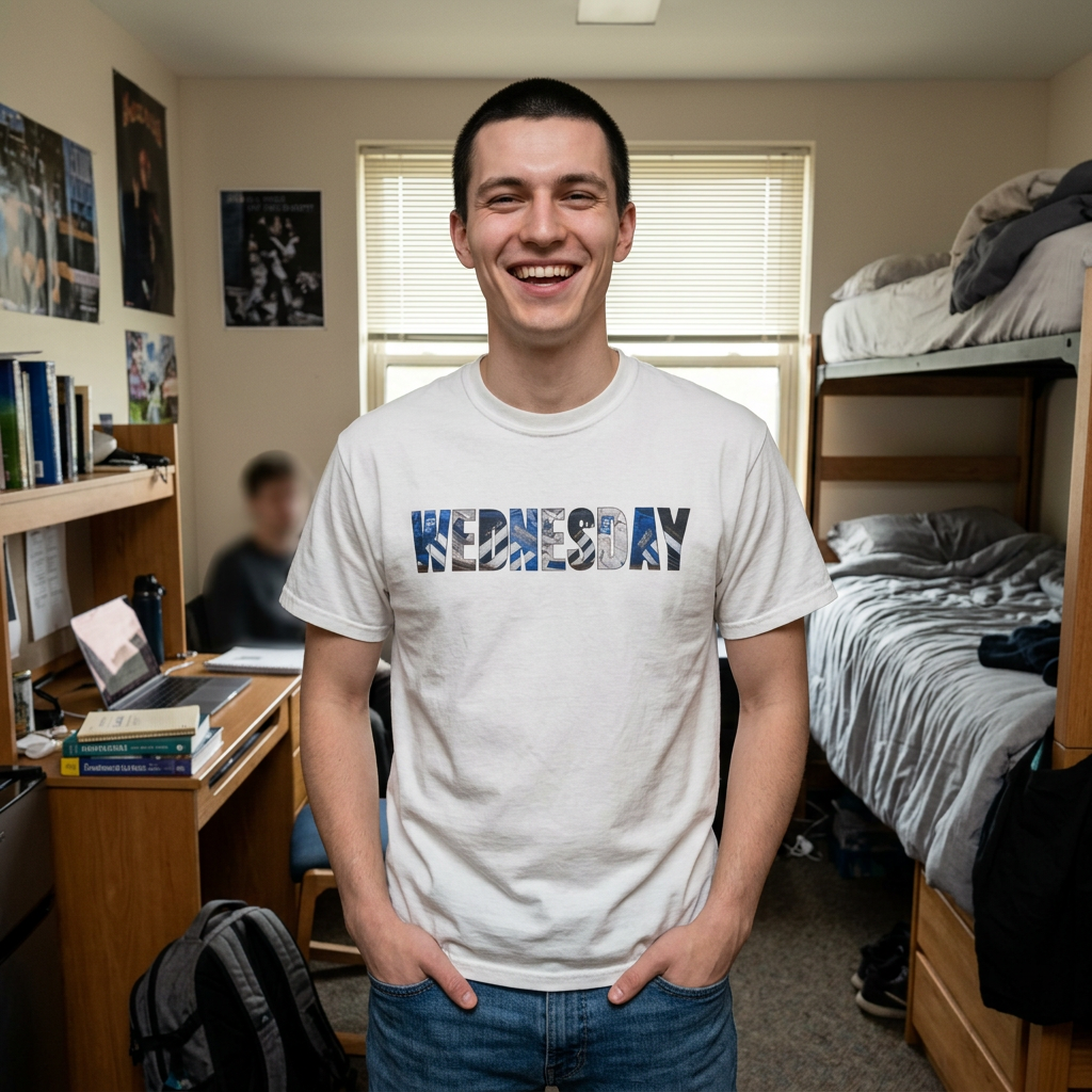 Man in a dorm room wearing the white Sheffield Wednesday WEDNESDAY trainers tee