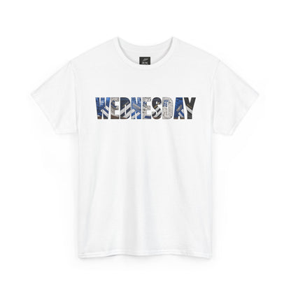 Front of the white Sheffield Wednesday tee with WEDNESDAY in retro trainer artwork
