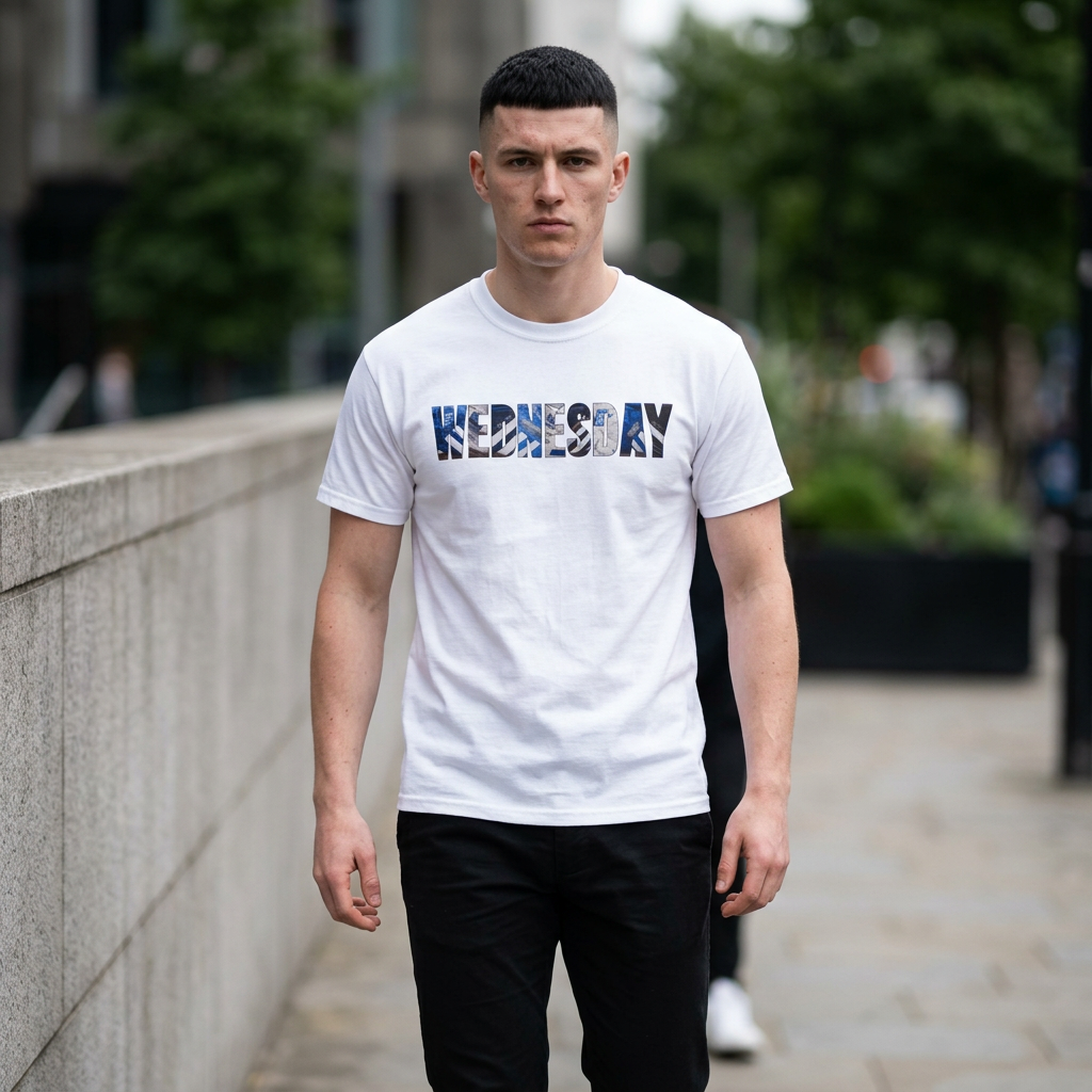 Man walking in the white crew neck SWFC tee with WEDNESDAY trainer typography