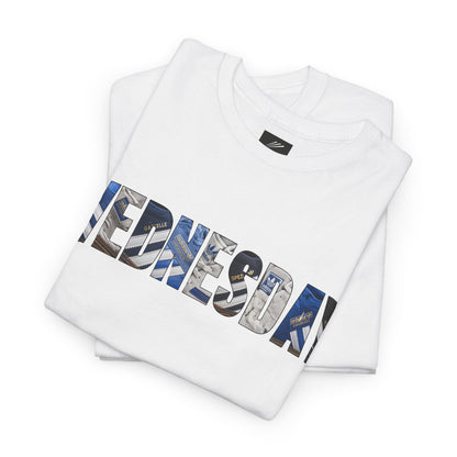 Folded white SWFC tee with WEDNESDAY block lettering filled with classic trainers