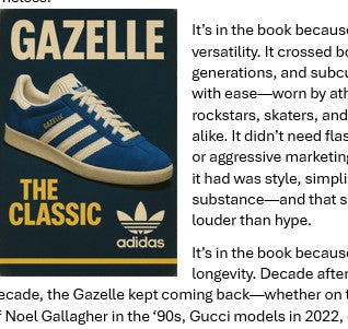 Adidas Gazelle classic navy blue sneakers with white stripes, vintage-style poster design