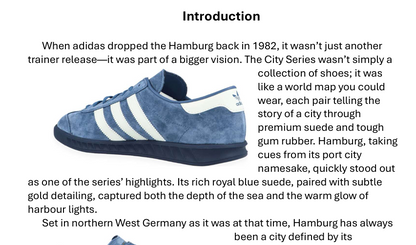 Blue Adidas sneaker with white stripes on a black background
