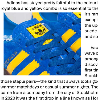 Blue and yellow Adidas sneaker with visible branding