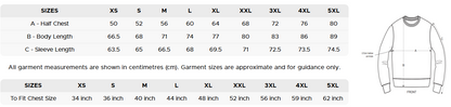 Size chart for unisex sweatshirt, sizes XS to 5XL