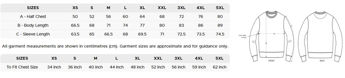 Size chart for the crew neck sweatshirt, XS to 5XL