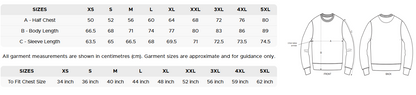 Size chart for the crew neck sweatshirt, XS to 5XL