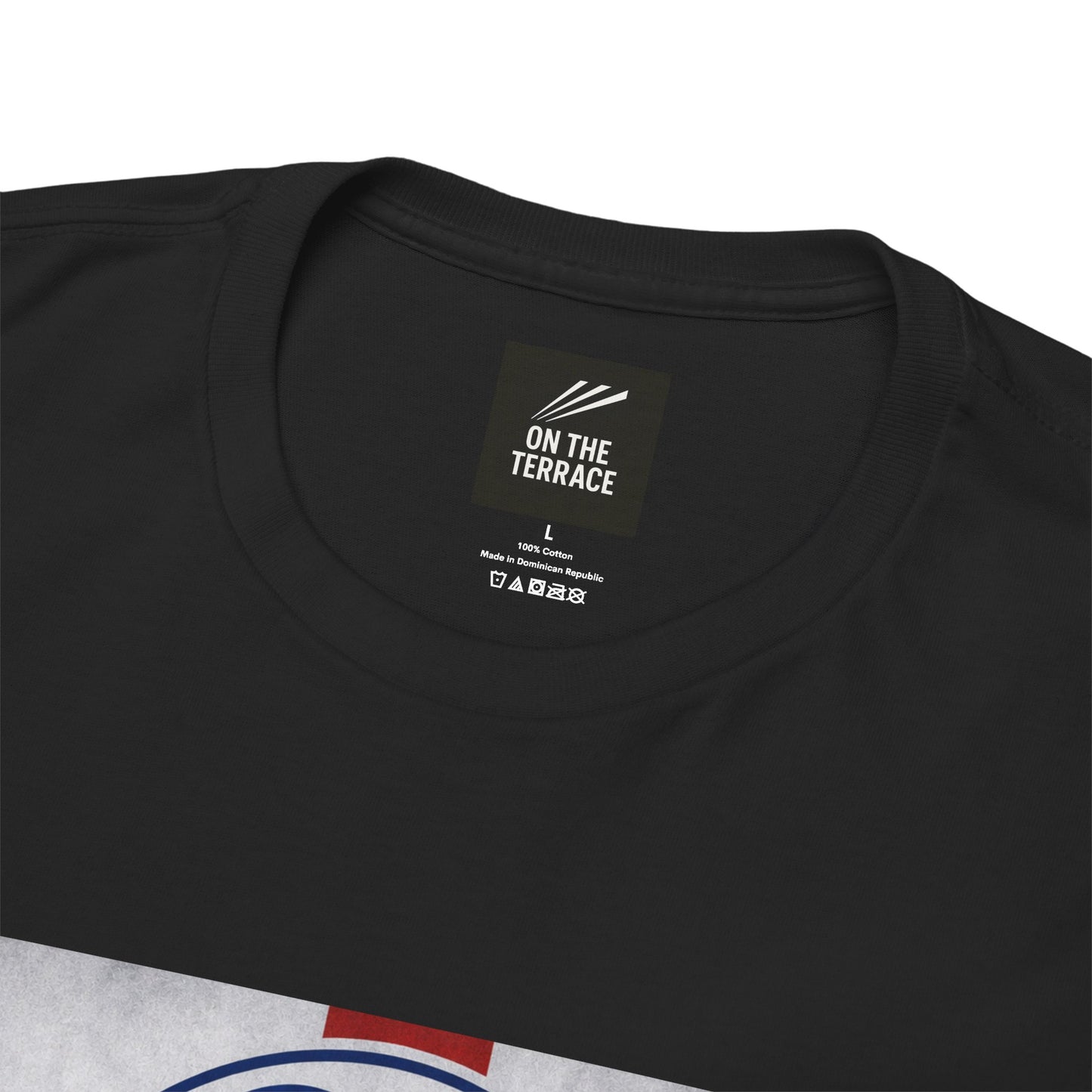 Close-up of a black crewneck swfc t-shirt showing the inner neck label which reads 'ON THE TERRACE'.