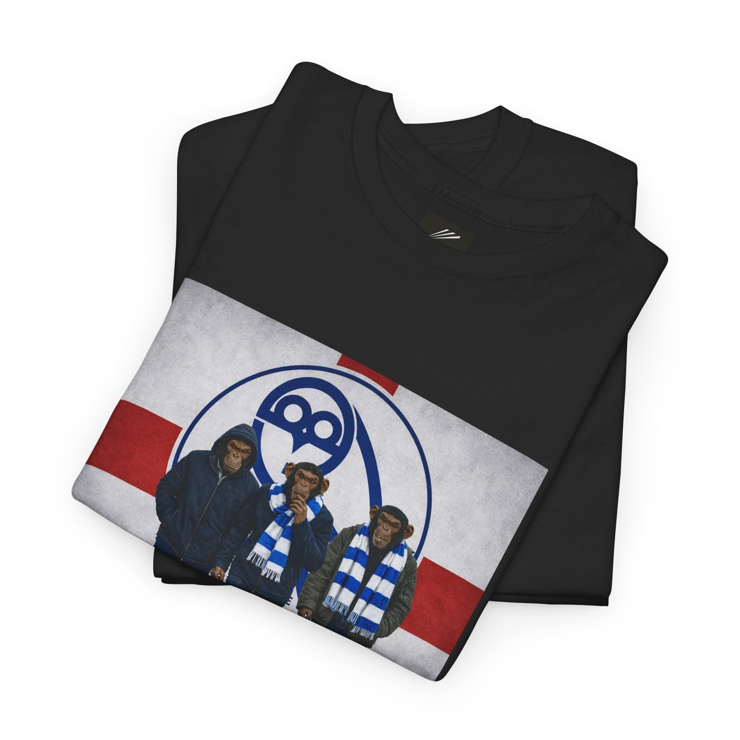 A folded black crewneck swfc tee featuring a graphic print of the Three Stooges wearing blue and white striped scarves, set against a red and white background with a blue circular logo.