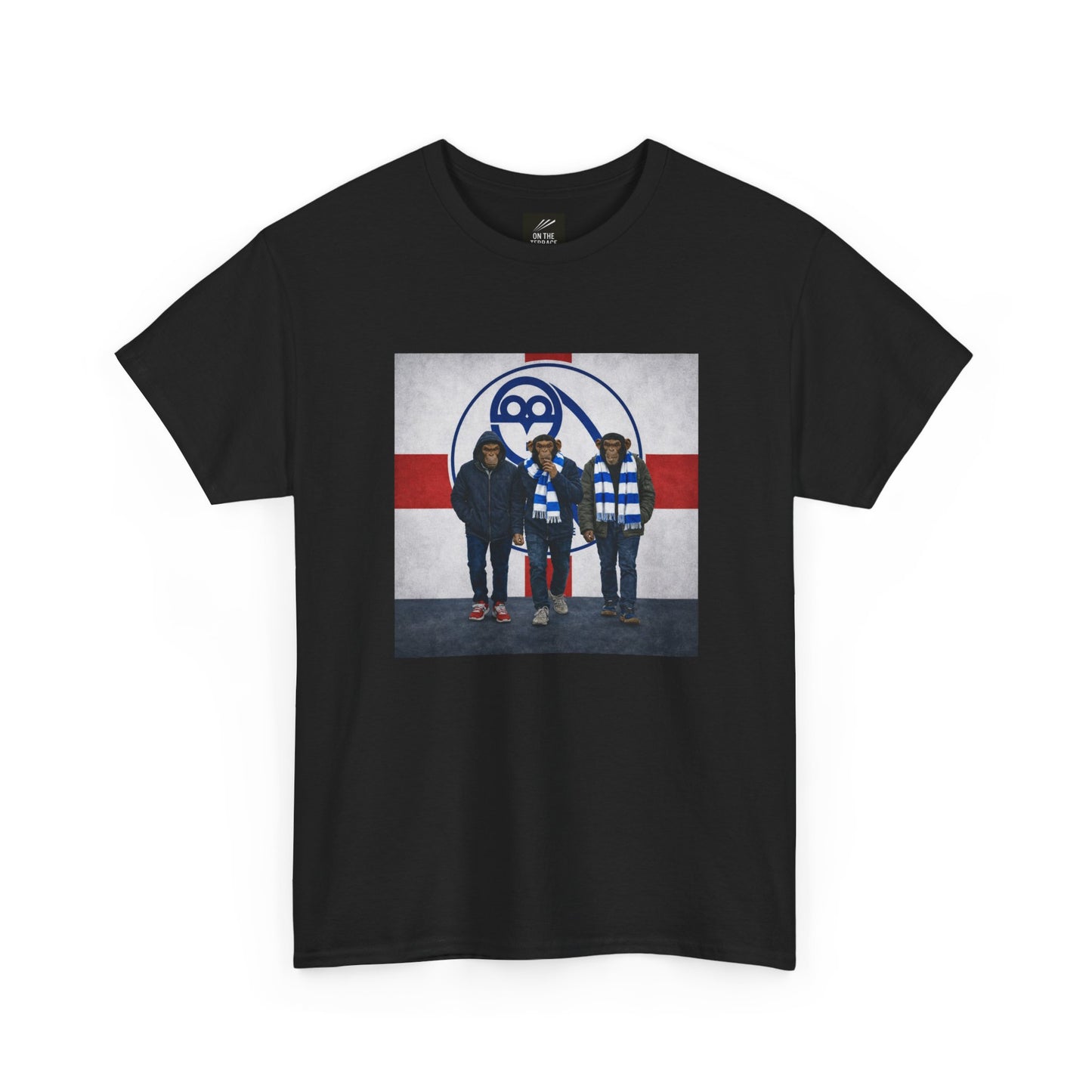 A black short-sleeve crewneck swfc t-shirt featuring a rectangular graphic print on the front. The graphic shows three men standing in front of a hockey-themed background with the number 88 and a red and white cross design.