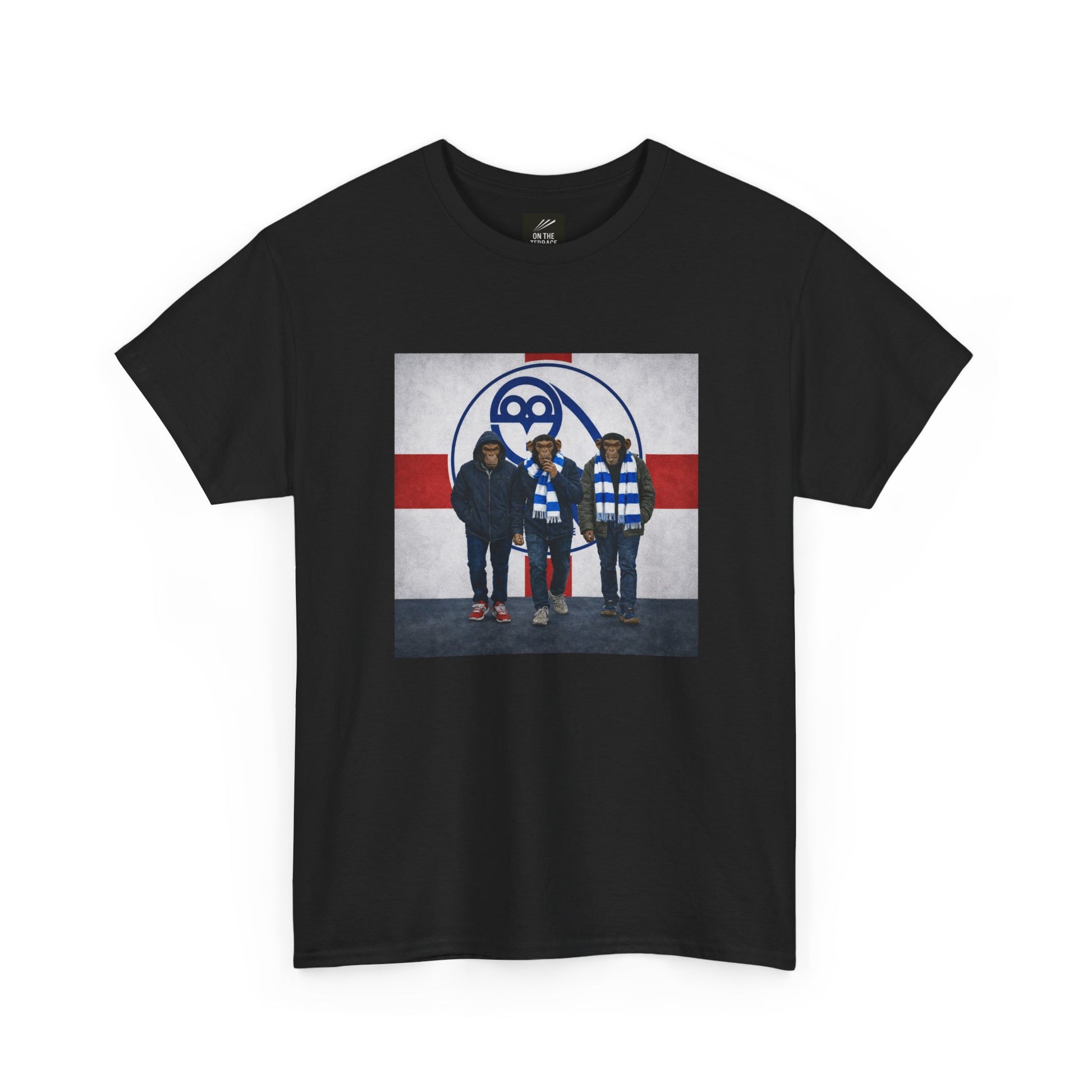 A black short-sleeve crewneck swfc t-shirt featuring a rectangular graphic print on the front. The graphic shows three men standing in front of a hockey-themed background with the number 88 and a red and white cross design.