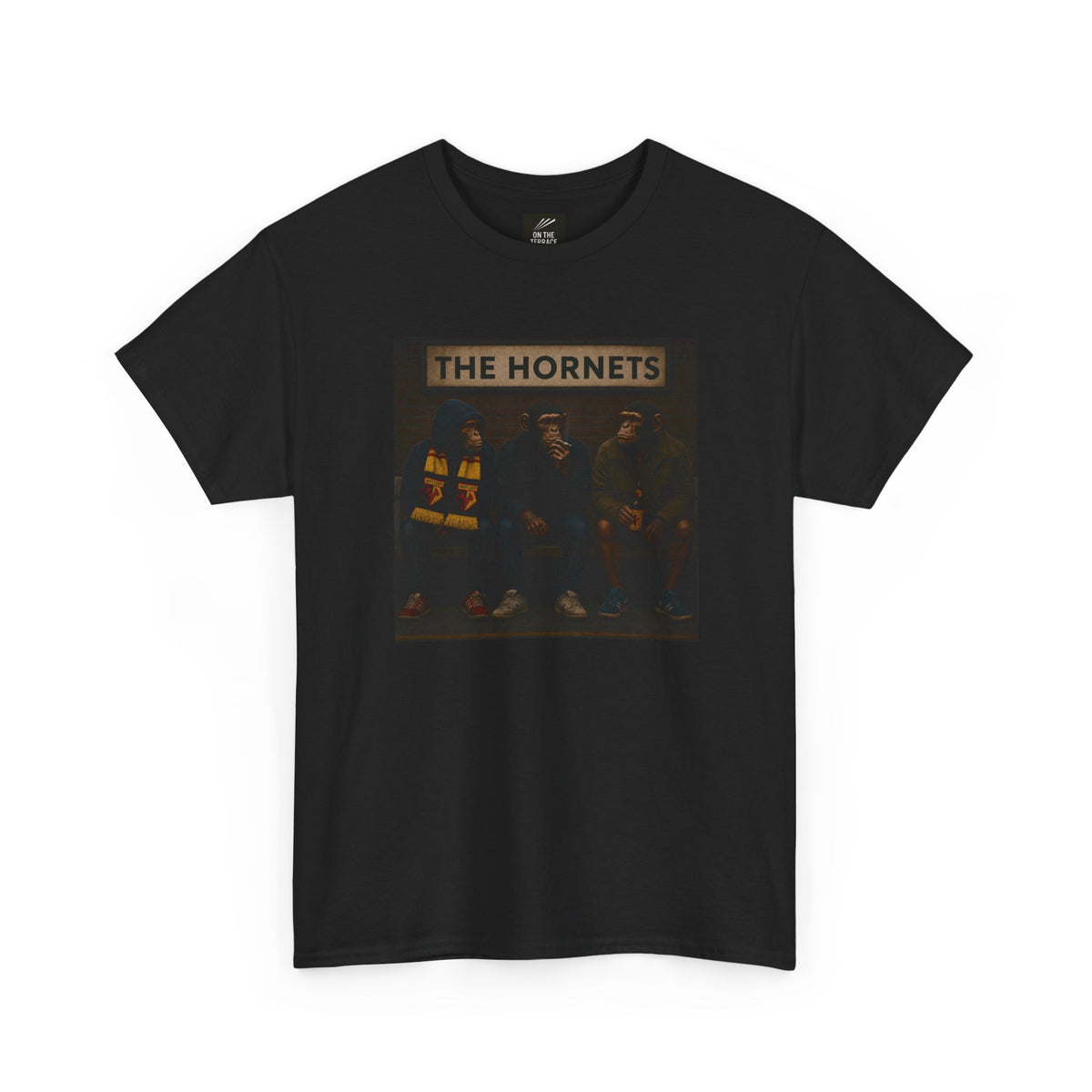 A black short-sleeve crewneck Watford t-shirt featuring a rectangular graphic print on the front with the text 'THE HORNETS' above a dark-toned illustration of three hornets.