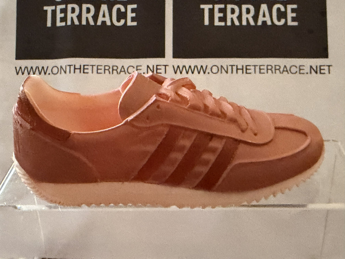 Painted 120 mm Achille SPZL LG inspired 3D trainer model in copper with tonal stripes and pale sole, side view
