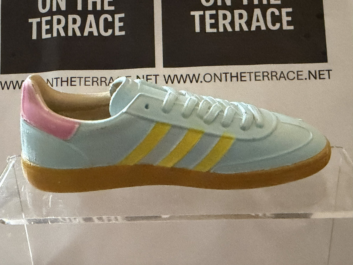 Opposite side of pale blue, yellow and pink adidas Havana inspired 3D trainer model