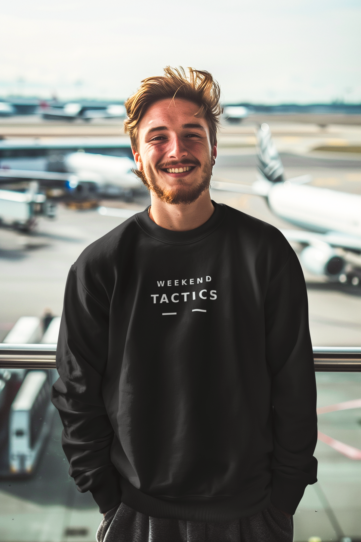Man at an airport wearing the black Weekend Tactics football casuals sweatshirt