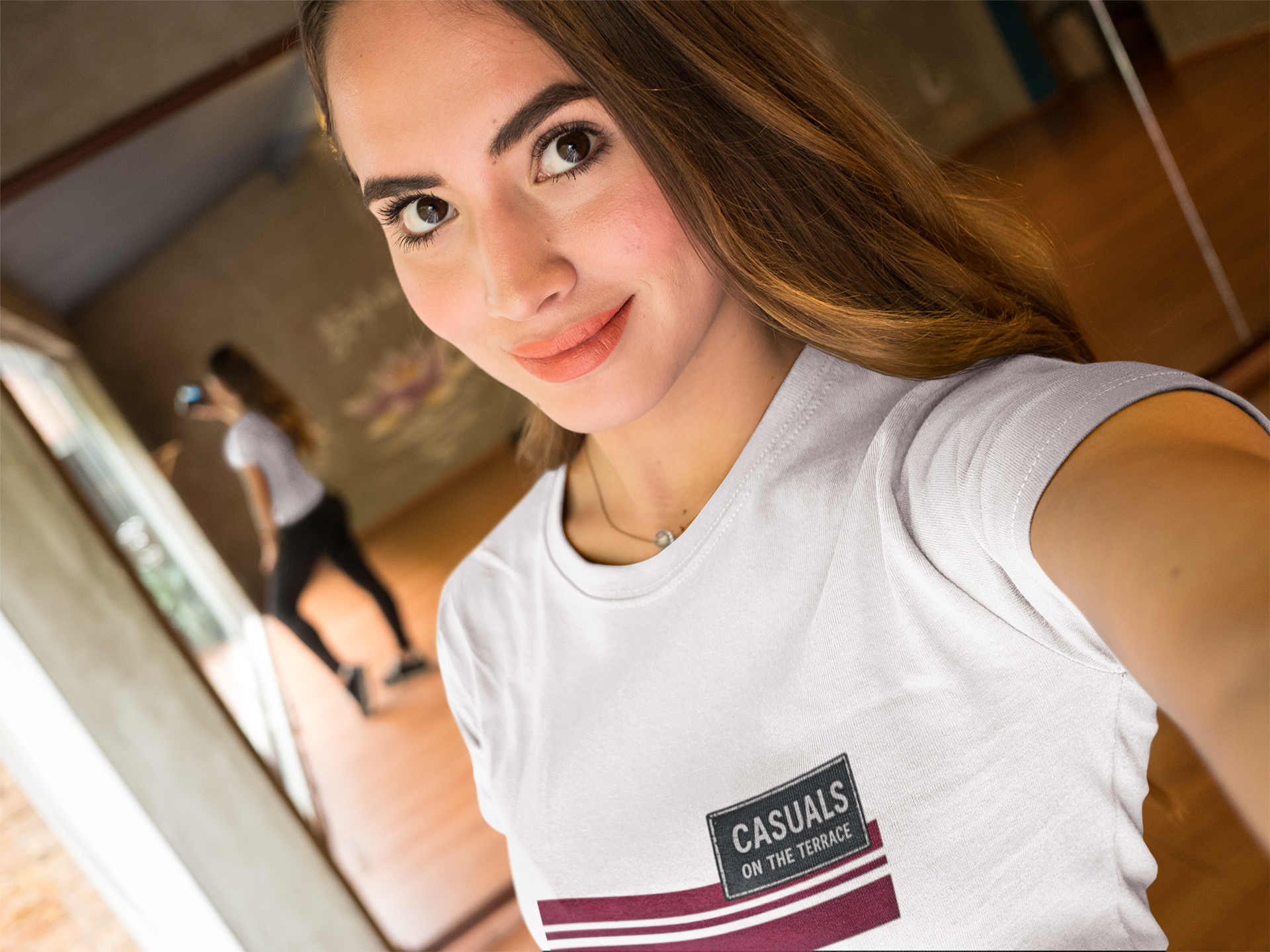 Model wearing the Hearts Casuals On The Terrace white T-shirt