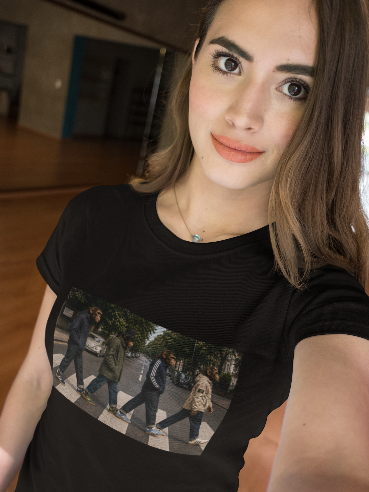 Woman modelling black Beatles Abbey Road Casuals T-shirt in studio