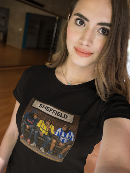 Sheffield Wednesday Station Bench Trio t-shirt in black styled on model - On The Terrace casual wear
