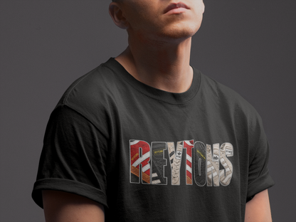A man wearing a black Reytons t-shirt with a graphic print spelling 'REYTONS' filled with cigarette pack designs, shown from the chest up against a dark gray background.