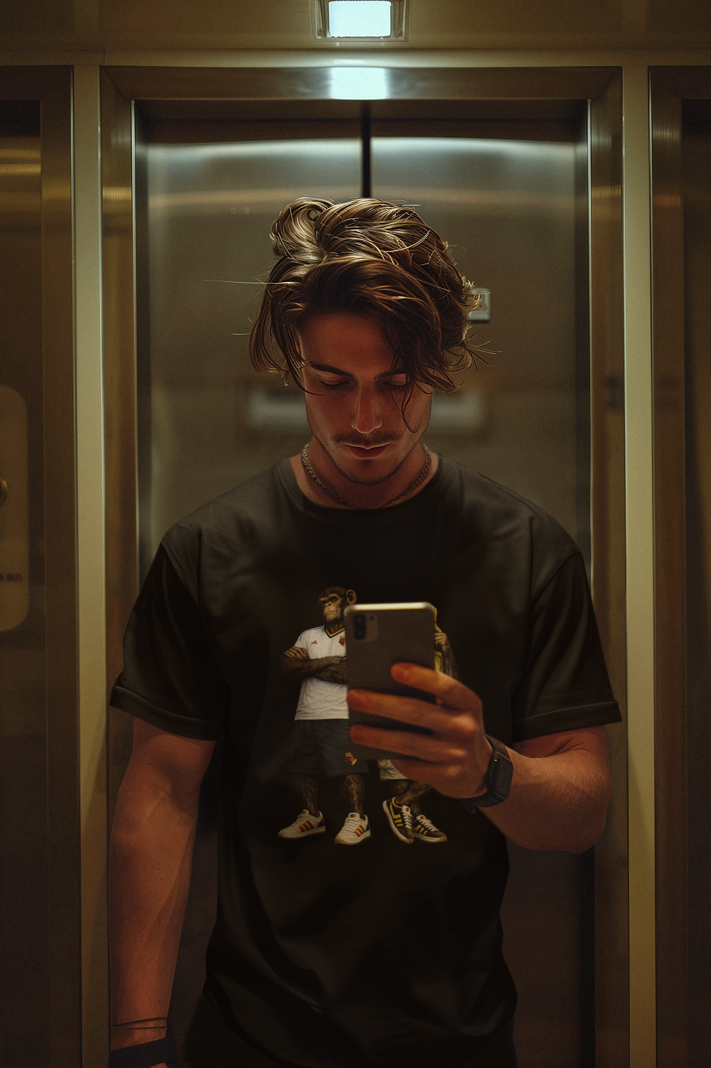 A man in a black Watford t-shirt taking a mirror selfie inside a metallic elevator lobby.