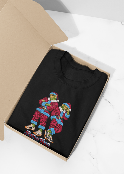 Folded claret and blue Santa chimps sweatshirt in a gift box