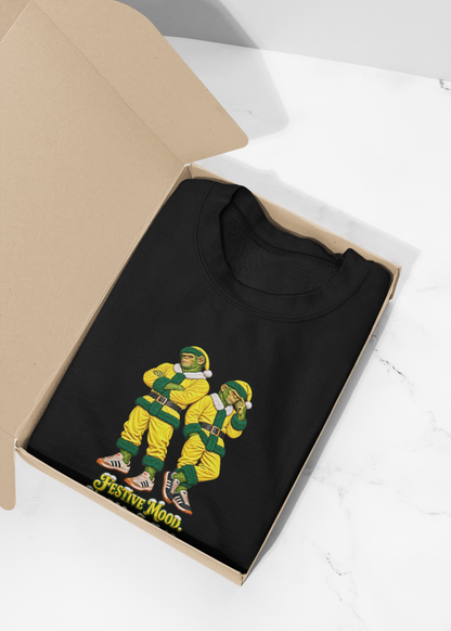 Folded Norwich yellow Santa chimps sweatshirt in a gift box