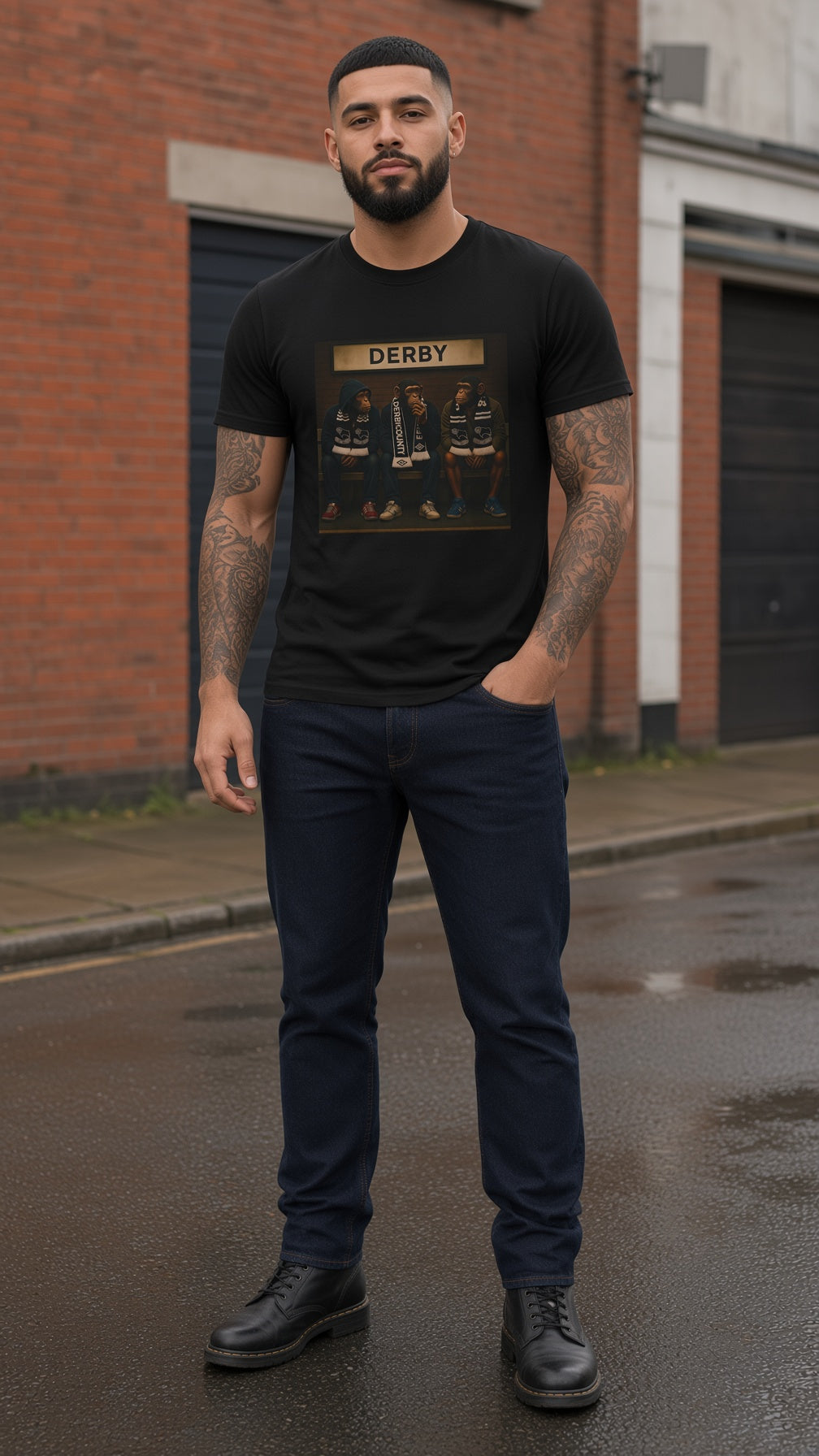 A man wearing a black crewneck t-shirt with a vintage-style 'Derby' graphic on the chest, paired with dark blue jeans and black leather boots, standing on a wet street in front of a brick building.