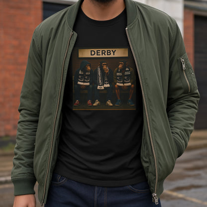 A man wearing an olive green bomber jacket over a black graphic t-shirt with a 'DERBY' print, paired with blue jeans, standing outdoors in front of a brick building.