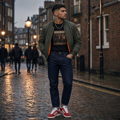 A man stands on a wet cobblestone street wearing an olive green bomber jacket over a black graphic CHARLTON t-shirt, dark blue jeans, and red low-top sneakers. The background shows blurred brick buildings and pedestrians.