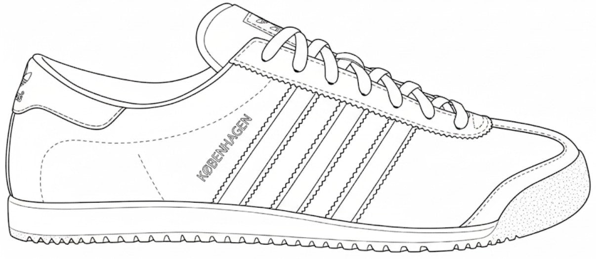 Line drawing of a sneaker with three stripes on a white background