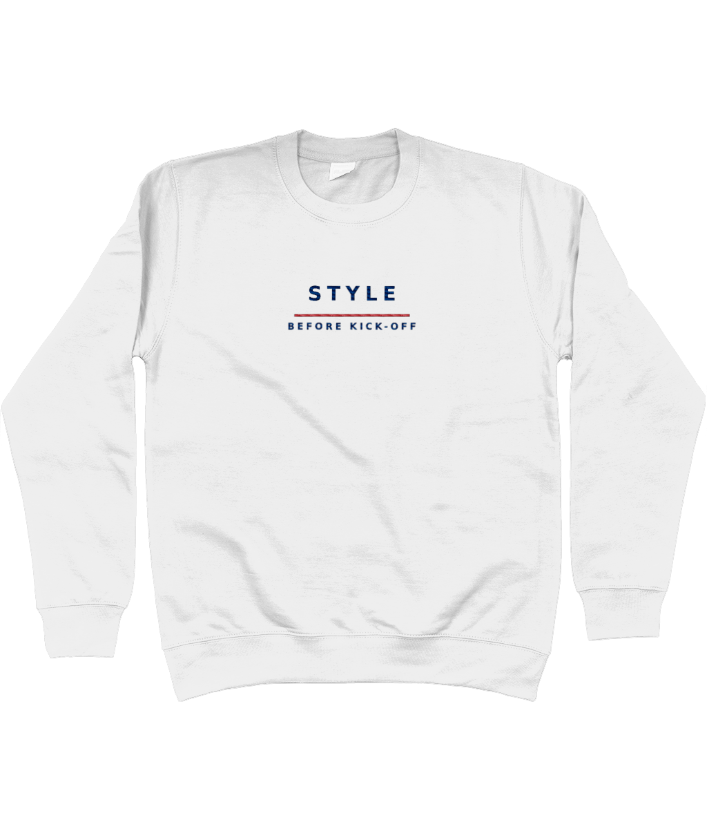 White Style Before Kick-Off sweatshirt, front view with navy embroidered lettering and red bar