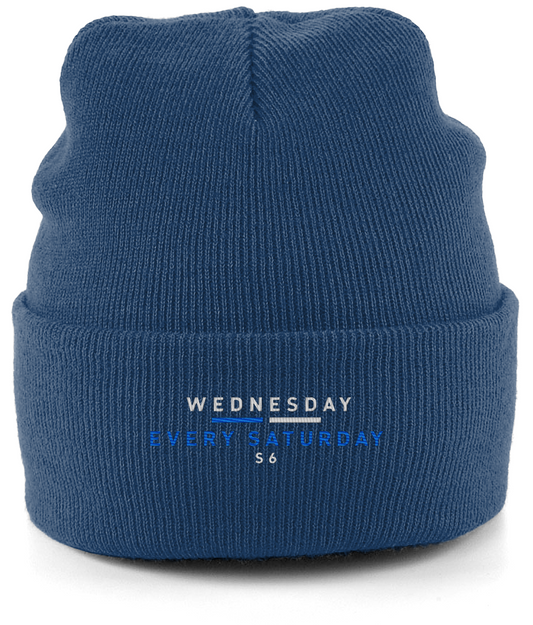 Navy Sheffield Wednesday cuffed beanie reading Wednesday, Every Saturday, S6 in white and blue