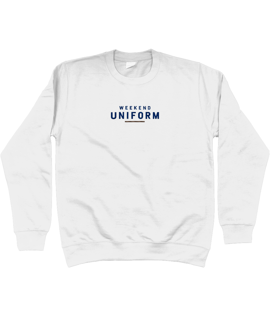 White Weekend Uniform sweatshirt, front view with navy embroidered WEEKEND UNIFORM lettering and red bar
