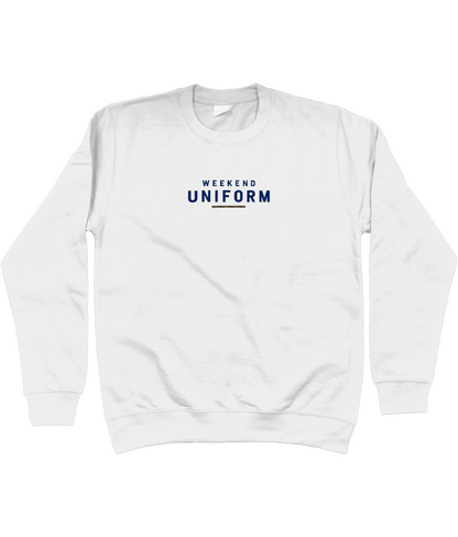 White Weekend Uniform sweatshirt, front view with navy embroidered WEEKEND UNIFORM lettering and red bar