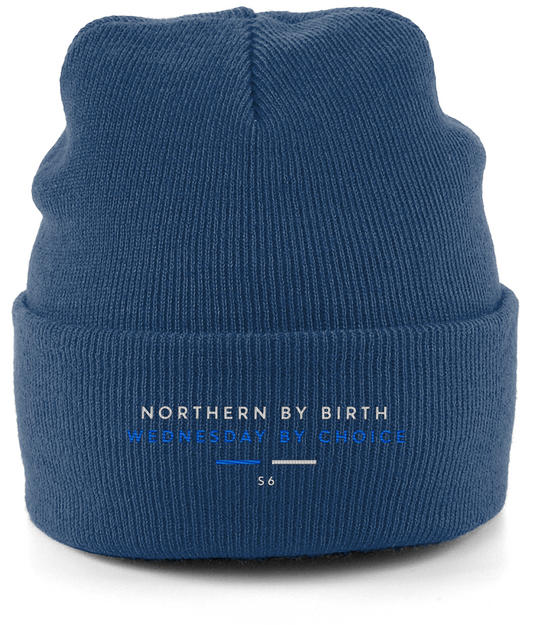 Navy SWFC cuffed beanie hat reading Northern by Birth, Wednesday by Choice, S6 in white and blue
