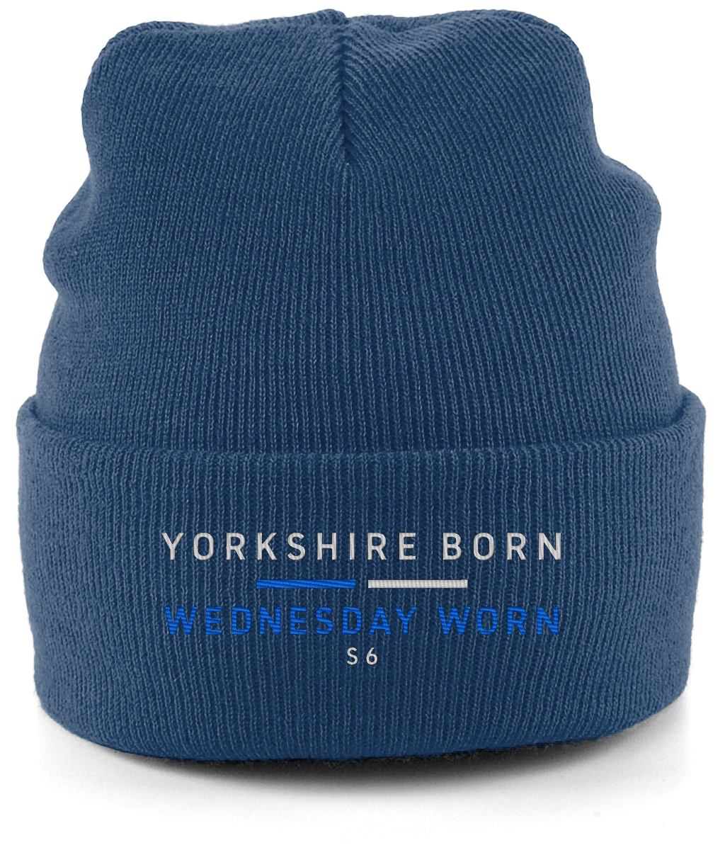 Navy Sheffield Wednesday cuffed beanie reading Yorkshire Born, Wednesday Worn, S6 in white and blue